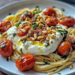 Pâtes au soleil : burrata, tomates confites et pignons